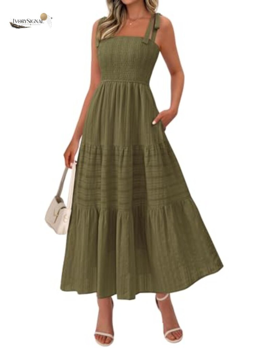 Womens Boho Smocked Maxi Dress Spaghetti Strap Sleeveless Tiered
